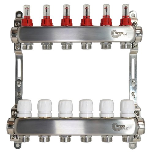 STEELSUN 1"x3/4"x2 Коллекторная группа с расходомерами, нерж. сталь, с кронштейнами, под сервоприводы М30х1,5, SLA4739